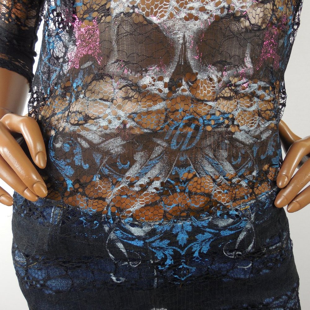 HARLEY DAVIDSON Top M Long Black Lace Tunic Shirt Skull Logo Sheer 3/4 Sleeves - Picture 6 of 14